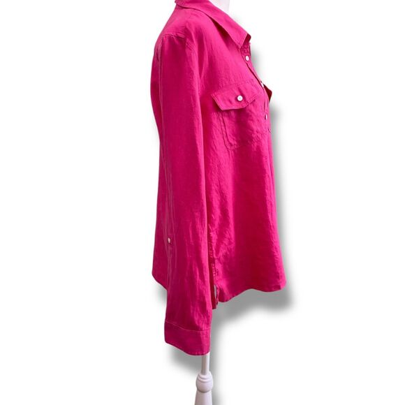 Talbots Top Womens Large Pink 100% Linen Button Up Roll Tab Long Sleeve Classic - Picture 4 of 13